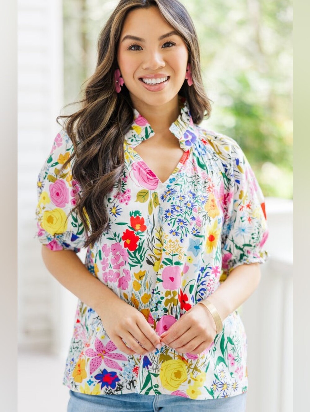 NWOT Shop The Mint Floral Puff-Sleeve V-Neck Blouse- Small